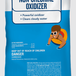 A blue container of non-chlorine oxidizer for pool maintenance.