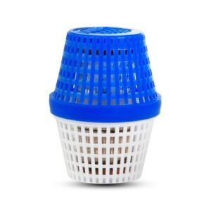 Stacked blue and white plastic badminton shuttlecocks.
