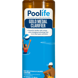 Bottle of Poolife Gold Medal Clarifier for pool water treatment.