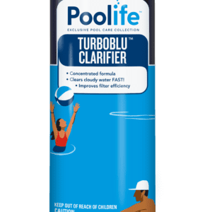 A bottle of Poolife Turboblu Clarifier for pool water clarity.