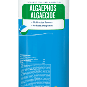 Bottle of Algaechos algaecide for controlling algae in water systems.