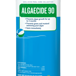 Bottle of Algaecide 90 for pool algae control.