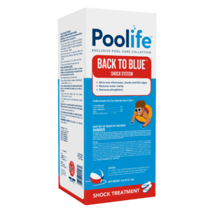 Poolife Back to Blue shock treatment for pools in a white and blue box.