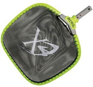 Green and black fishing net with a metal handle.