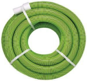 Coiled green garden hose with white ties.
