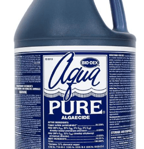 A bottle of Aqua Pure algaecide for pool cleaning.
