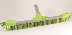 A green and gray floor scrub brush with stiff bristles.
