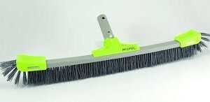Green and gray push broom with black bristles.