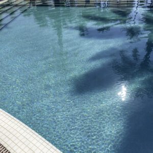 Clear water in an empty swimming pool on a sunny day.