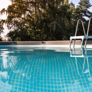 Clear swimming pool with a metal ladder and trees in the background.