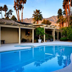 Serene backyard pool surrounded by palm trees and mountain views.