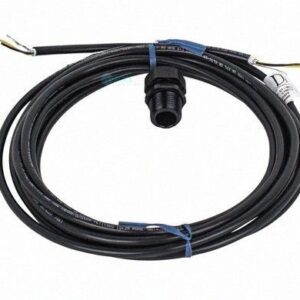 Coiled black electrical cable with connectors on each end.