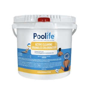 Poolife active cleaning granules in a white bucket.