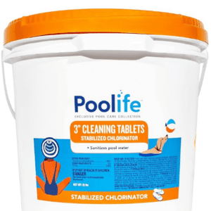 A bucket of Poolife 3" cleaning tablets for swimming pools.