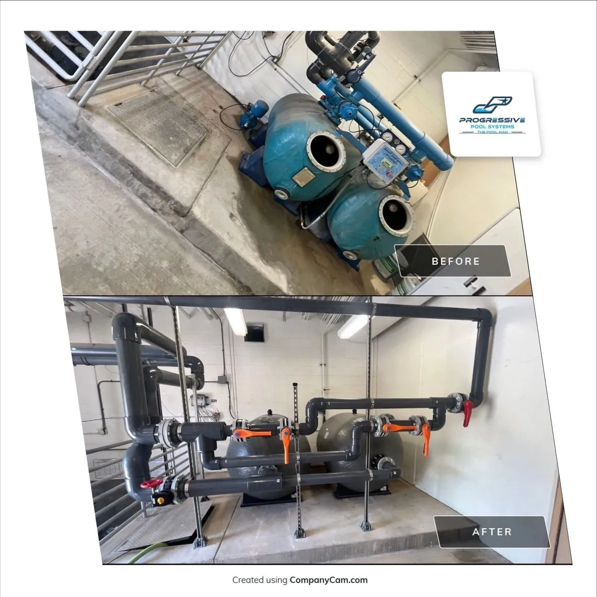 Two images showing industrial pump and piping systems in a mechanical room.