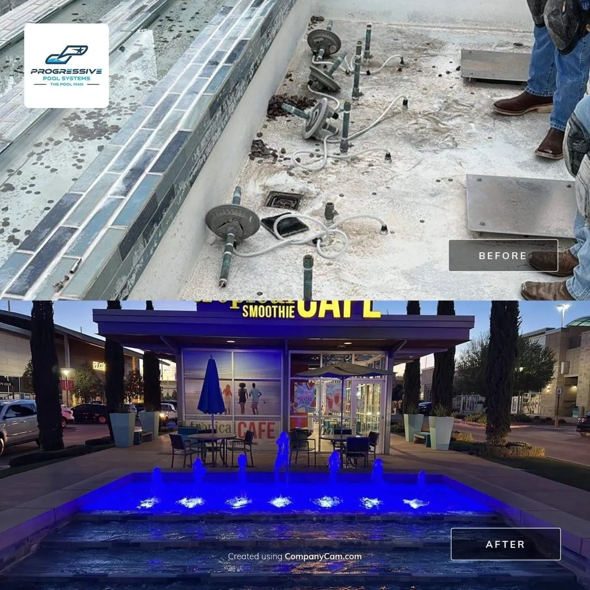 Before and after photos of a home renovation with a pool installation.