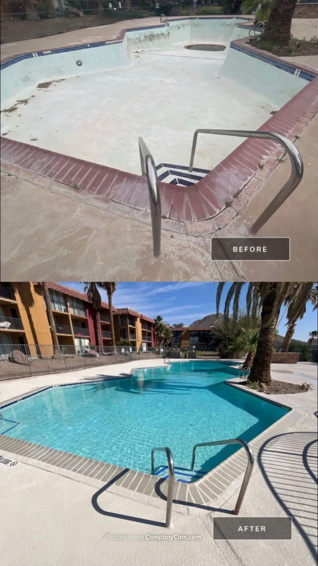 Before and after photos of a pool renovation with new steps, clear water, and landscaping.