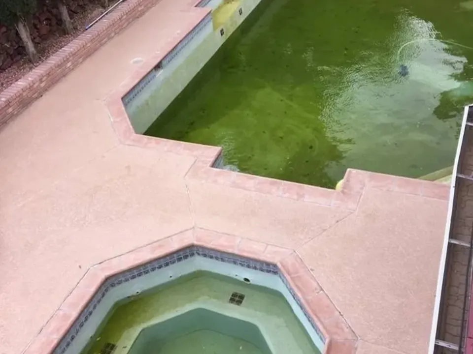 A pool with green water next to a small hexagonal fountain.